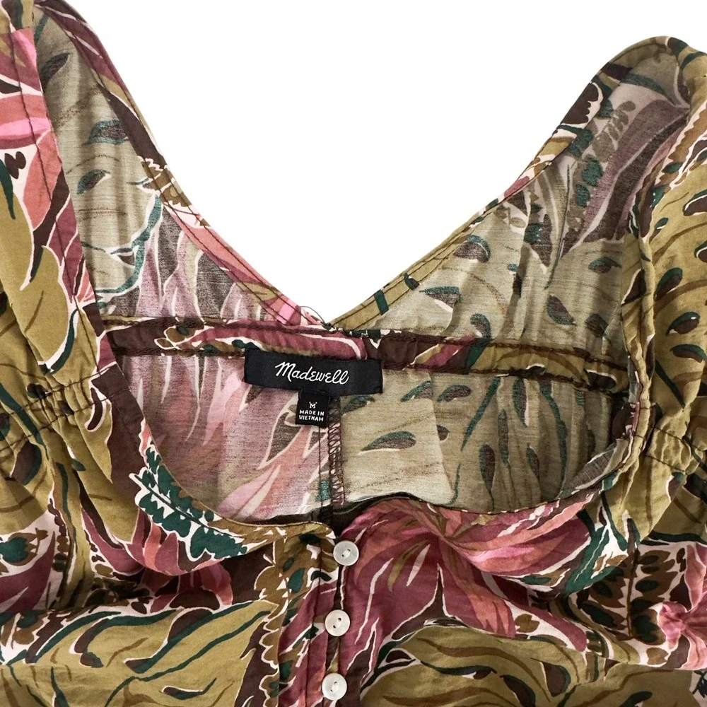 Madewell Tropical Shirred Cap-Sleeve‎ Top in Brushstroke Monstera Top - Size M